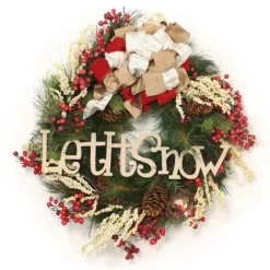 Square Fir Pine Wreath with Red and Cream Berries with Pine Cones and Bird, Let it Snow