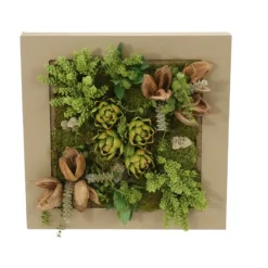 Square Wooden Box with Succulents and Artichokes