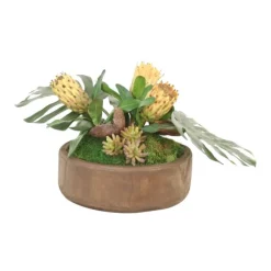 Succulent Garden with Protea and Split Philo in Round Wood Bowl