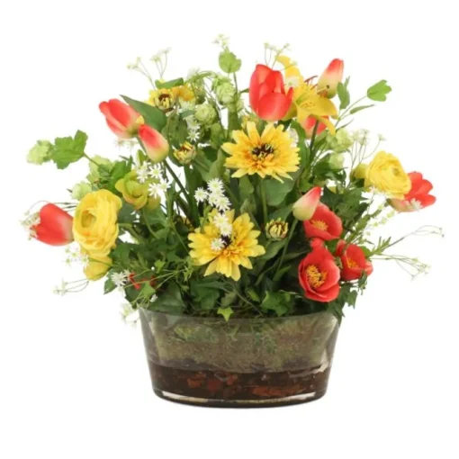 Summer Garden Mix in Yellow, Rose Red and White in Oval Glass