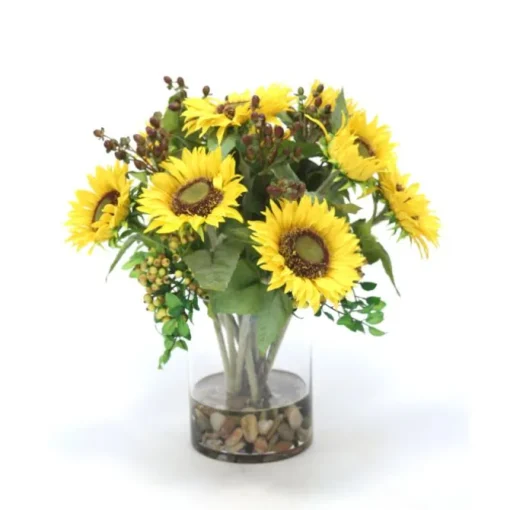 Sunflowers and Berries in Clear Glass Cylinder