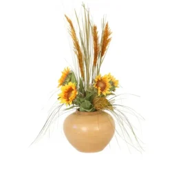 Sunflowers with Natural Plumes in Gold Vase