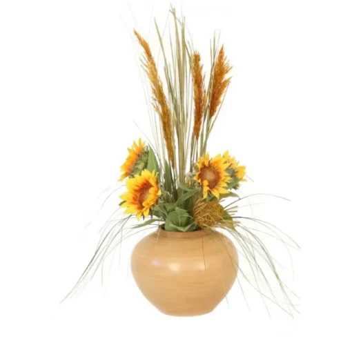 Sunflowers with Natural Plumes in Gold Vase