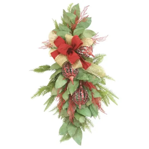 Swag Magnolia Leaves and Cedar Mixed with Red Open Weave Ornaments and Red and Gold Ribbon
