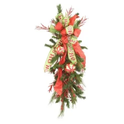 Swag With Green And Red Ornaments and HO HO HO Green Ribbon