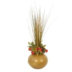 Tall Green Brown Grasses, Pods and Red Buds in Round Ceramic Tan Bowl