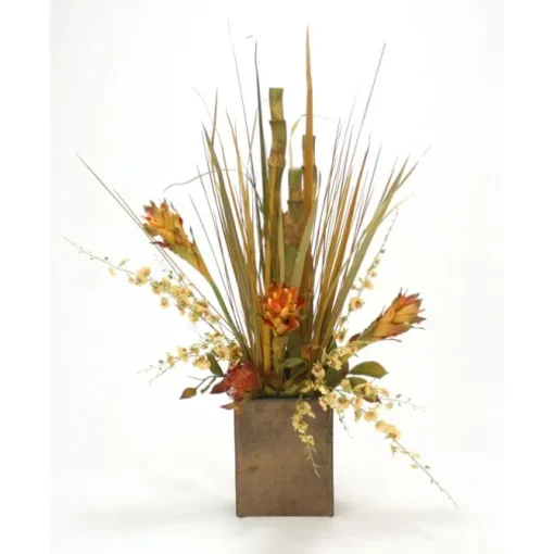 Tropical Mix of Rust, Sage, Grasses in Rectangular Crystal Bronze Planter