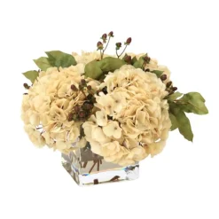 Waterlook® Beige Hydrangeas, Brown Hypercum Berries in Square Glass Vase