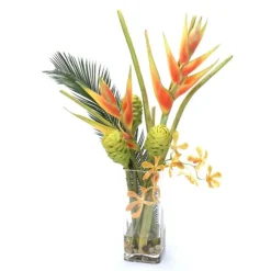 Waterlook® Dark Orange Helaconia and Green Honeycomb Protea in Tall Square Glass Vase