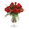 Waterlook® Red Roses and Fern in Clear Glass Urn