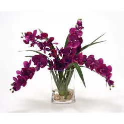 Waterlook® Violet Phaleanopsis Orchids with Foliage in Narrow Glass Vase
