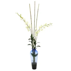 Waterlook® White Dendrobium Orchid with Bamboo in Blue Victorian Glass Vase