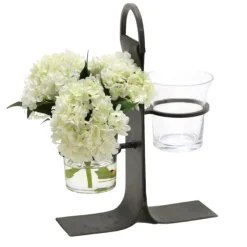 Waterlook® White Hydrangeas in Cylinder Glass Vase in Wrought Iron Stand