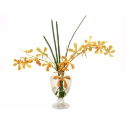Waterlook® Yellow-Orange Vanda Orchids, Grass in Glass Urn