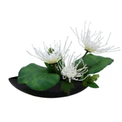 White Fugi Mums in Black Oval Planter