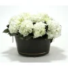 White Hydrangeas, Bay Leaves in Black Oval Tole Planter with Ball Feet
