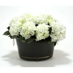 White Hydrangeas, Bay Leaves in Black Oval Tole Planter with Ball Feet