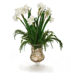 White Narcissus with Cedar in Glass Urn