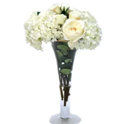 White Roses and Hydrangeas in Trumpet Vase