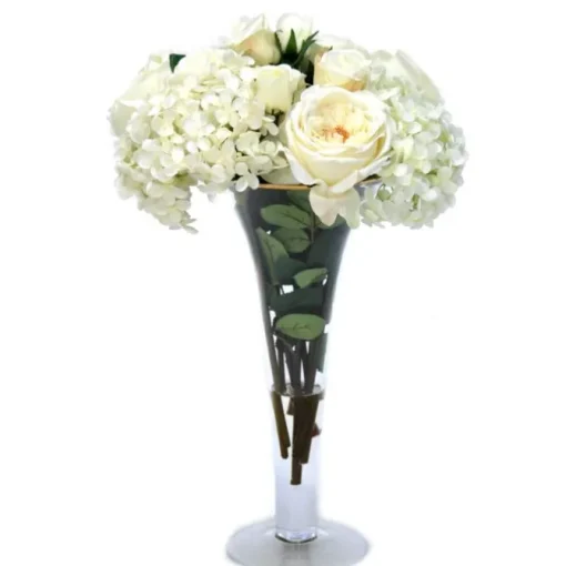 White Roses and Hydrangeas in Trumpet Vase