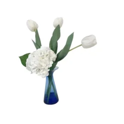 White Tulips, Hydrangeas in Blue Glass Vase