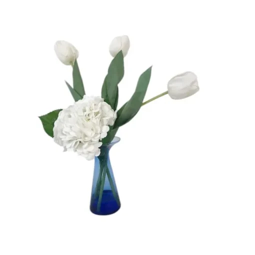 White Tulips, Hydrangeas in Blue Glass Vase