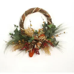 Wreath with Wheat Grass, Rust Protea, Peach Blossom and Berries also Ribbon