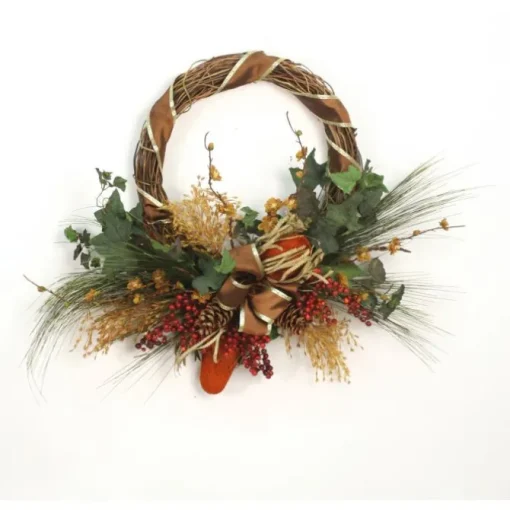 Wreath with Wheat Grass, Rust Protea, Peach Blossom and Berries also Ribbon