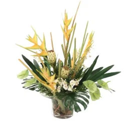 Yellow Heliconia and Green Anthurium and Dancing Orchids in Glass Vase