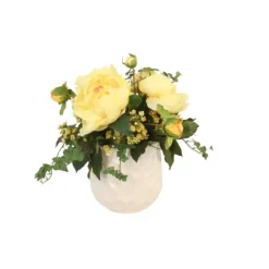 Yellow Peonies with Wax Flowers and Ivy in White Planter