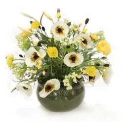 Yellow Poppies, Clover with Wildflowers in Green Stoneware Bowl