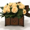 Yellow Roses, Magnolia Foliage in Chocolate Brown Wood Planter