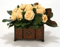 Yellow Roses, Magnolia Foliage in Chocolate Brown Wood Planter